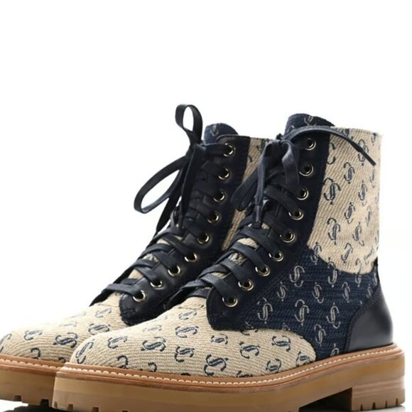 Jimmy Choo Jacquard Monogram Calfskin Cora Flat Combat Women Boots Sand Dune 39 - Picture 1 of 9